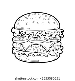  A vector-style illustration of a burger with layers of lettuce, cheese, tomato, pickles, and a juicy beef patty  