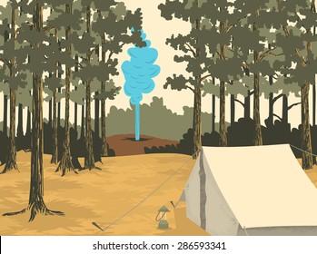 Vector-style illustration of a camp site at Yellowstone National Park with a geyser in the background.