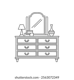 A vector-style illustration of a classic, elegant wooden dresser with five drawers coloring page 