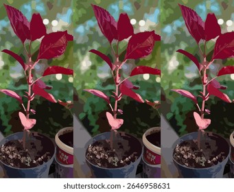 Vector-style illustration of a Coleus plant (Plectranthus scutellarioides), commonly known as Miana or Iler in Indonesia, featuring striking red maroon foliage growing in a flowerpot. This vibrant
