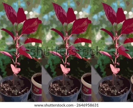 Vector-style illustration of a Coleus plant (Plectranthus scutellarioides), commonly known as Miana or Iler in Indonesia, featuring striking red maroon foliage growing in a flowerpot. This vibrant