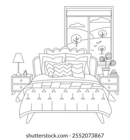 A vector-style illustration of a cozy bedroom with a neatly made bed as the central focus