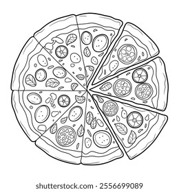  A vector-style illustration of a delicious, freshly baked pizza with a variety of toppings like melted cheese, pepperoni, vegetables, and herbs 