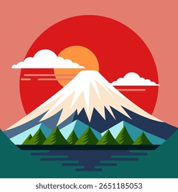 vector-style illustration depicting a snow-capped mountain inspired by Mount Fuji in Japan