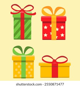A vector-style illustration of four flat, colorful Christmas presents. Each gift is wrapped in a different color, with various designs such as stripes, polka dots, and stars. 