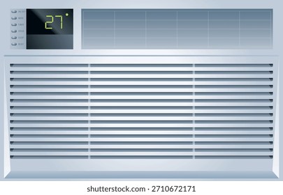 Una ilustración de estilo Vector de un acondicionador de aire montado en la ventana GE con un diseño compacto con controles electrónicos de termostato digital y un control remoto.