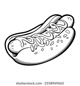  A vector-style illustration of a hot dog in a golden-brown bun,