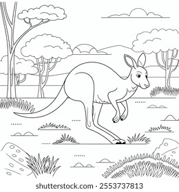 A vector-style illustration of a kangaroo in its natural habitat coloring page line art 