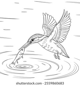 A vector-style illustration of a kingfisher bird mid-flight, diving toward the water to catch a fish 