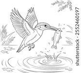 A vector-style illustration of a kingfisher in mid-flight catching a fish The bird is perched over a calm 