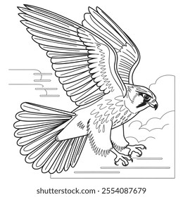  A vector-style illustration of a majestic falcon in mid-flight, with its wings spread wide 