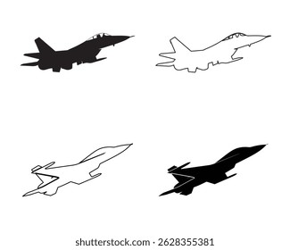 Ilustração em estilo vetorial de caças militares modernos. As aeronaves são retratadas em poses de voo dinâmico sobre um fundo branco plano.