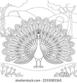 A vector-style illustration of a peacock with intricate, flowing feathers surrounded by lush greenery, flowers, and natural elements 