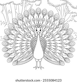 A vector-style illustration of a peacock with intricate, flowing feathers surrounded by lush greenery, flowers, and natural elements