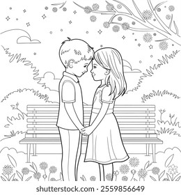 A vector-style illustration of a romantic moment between a boy and a girl 