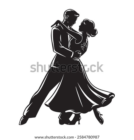 A vector-style illustration of a silhouette of a couple dancing in a romantic embrace. The man has his arms around the woman wearing a white dress. The background is white.	

