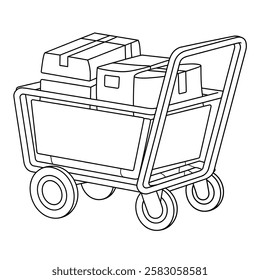 A vector-style illustration of a simple trolley with sturdy wheels, a rectangular frame, and a handle 