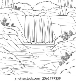 A vector-style illustration of a stunning waterfall surrounded by natural elements like rocks, trees, and plants 