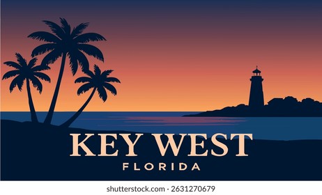 A vector-style illustration of a sunset over Key West's calm waters, featuring the iconic palm trees and tropical vibes