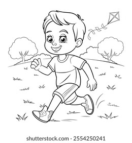 A vector-style illustration of a young boy playing outdoors 