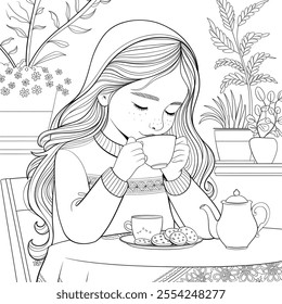 A vector-style illustration of a young girl with long, flowing hair, wearing a cozy sweater and sitting at a small table 