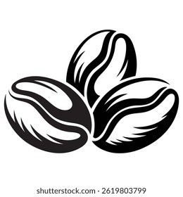vector-style image of three coffee beans. The design is rendered with high contrast and intricate line work, giving it a vintage, engraved appearance.