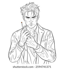  a vector-style line art coloring page illustration of a bad boy with a rebellious attitude. The character is casually smoking a cigarette, dressed in a leather jacket, with a confident, cool ex