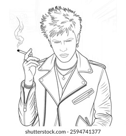  a vector-style line art coloring page illustration of a bad boy with a rebellious attitude. The character is casually smoking a cigarette, dressed in a leather jacket, with a confident, cool ex