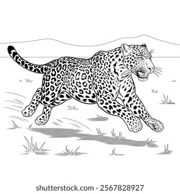 A vector-style line drawing of a leopard sprinting at high speed across an open savannah 