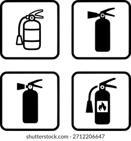 Um conjunto de quatro ícones de extintor de incêndio em estilo vetorial. Ideal para sinalização de segurança, gráficos instrucionais, projetos relacionados a emergências e ilustrações industriais.
