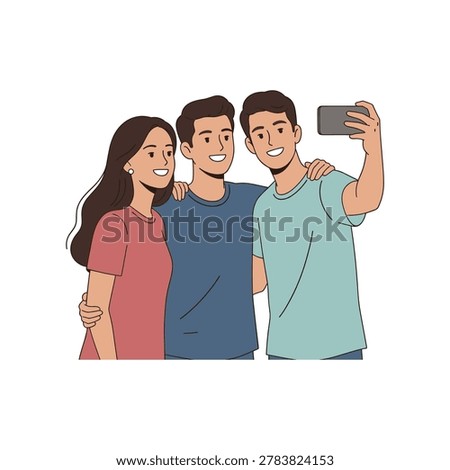 A vector-style of three young friends, two men and one woman, posing for a selfie. They are smiling and standing close together, with one man holding a smartphone up to capture the They are wearing casual t-shirts in shades of red, blue, and light green. The characters a friendly and cheerful appearance. The is set against a plain white background, focusing on the theme of friendship, social connection, and modern lifestyle habits among young adults.