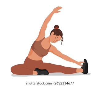 Vector-style young woman practicing yoga stretch in neutral-toned home gym, complete with dumbbells and motivational wall art.