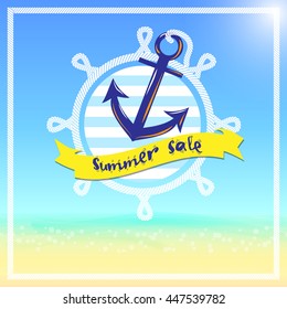 Vector,summer sale with anchor and boat wheel with rope logo at blur blue sea and sand background,Holiday concept