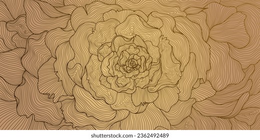 Vectort art deco rose, peony line background. Luxury golden illustration, drawn wavy petals. Graphics for packaging, social media post, cover, banner, creative post and wall arts in japanese style