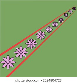 Vector,Ten pink, eight-petaled flowers, gradually becoming smaller, are arranged between two red lines on a green background.