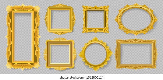 Vectortiang floral picture frames. Vector gold wood ornament frame objects, old wooden antique classic photoframes, vintage baroque style round, oval and square wall borders