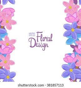 Vectorvertical floral border with blue, pink and violet forget-me-not flowers on a white background