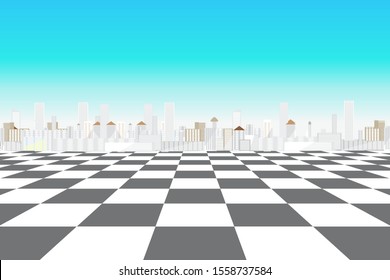 vector,views of the city growing on the ground,white and black chess pattern and bright sky during the day