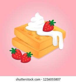 Vectorwaffles illustration. Baking with syrup, whipped cream and strawberries.