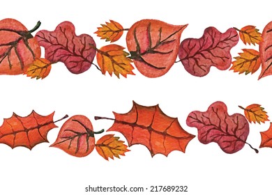 Vector.Watercolor autumn leaves seamless border.Hand drawing liaves on white background. For decor .All objects in the group.