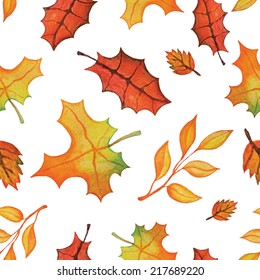 Vector.Watercolor autumn leaves seamless pattern.Hand drawing liaves on white background. For background,fabric,backdrop,wallpaper.All objects in the group.
