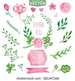 Vector.Watercolor green branches,pink flowers, laurels ,decor elements. Hand painted leaves,badge,ribbon,arrow,wreath.Design template,invitation,card.Hand sketched brushes. Nature,organic 