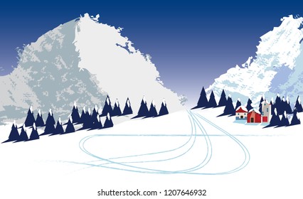 Vector-Winter landscape,snow covered mountains,pine trees,houses and land below.Ski trail in snow.Blue landscape versus red houses.Happy winter concept.