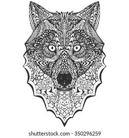  vectorzentangle high detailed wolf illustration on white background. Grey dog image, web design page element. banner, print, T-shirt