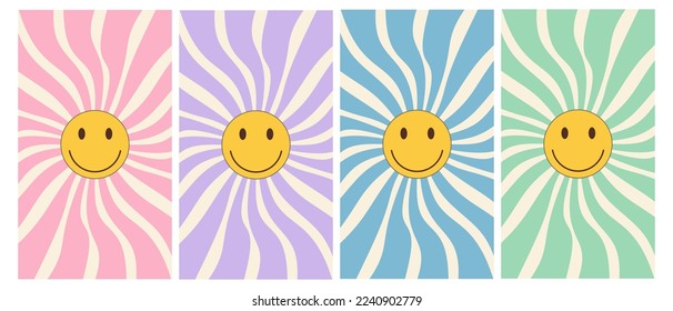 Vectos set of groovy hippie vertical posters with funny smile facec.Set of vector backgrounds in trendy retro style.