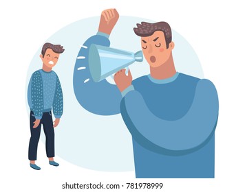 Vectot cartoon illustratioon of Father scolds his son. Humans character on white isolated background. Angry parent. Wrong education, psychology.