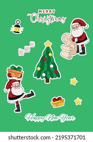 Vectot collection of stickers merry christmas and happy new year with santa claus christmas tree on green background. Printable template a4
