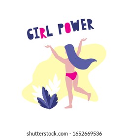 Vectot illustration of happy beautiful woman or girl in panties putting hands up in the air on yellow background with plant. Girl power phrase. Feminism, woman rights, strong girl concept. 