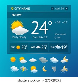 Vectot illustration weather widget for smartphone with icon set isolated on a white background