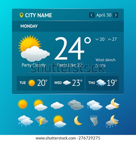 Vectot illustration weather widget for smartphone with icon set isolated on a white background